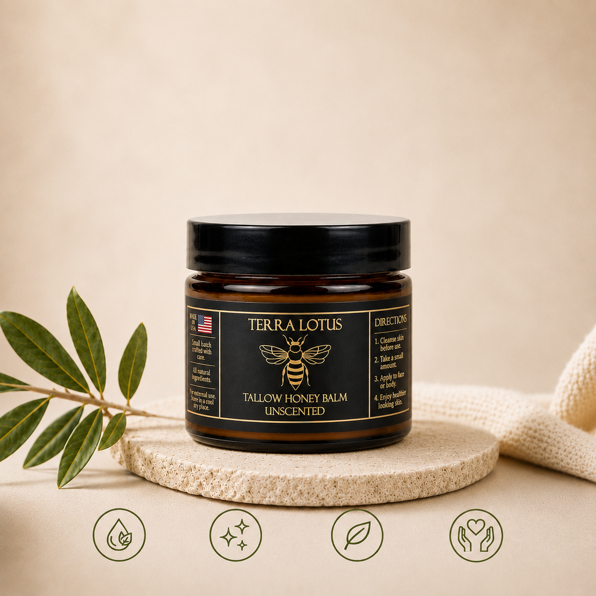 TERRA LOTUS – BÁLSAMO HIDRATANTE DE SEBO DE RES ALIMENTADA CON PASTO Y MIEL -2 OZ CRUDA