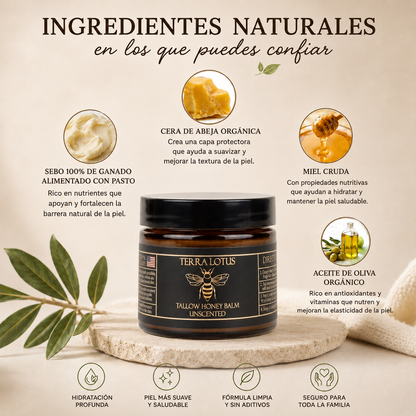TERRA LOTUS – BÁLSAMO HIDRATANTE DE SEBO DE RES ALIMENTADA CON PASTO Y MIEL -2 OZ CRUDA