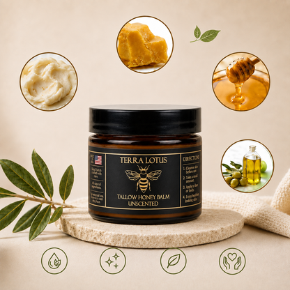 TERRA LOTUS – BÁLSAMO HIDRATANTE DE SEBO DE RES ALIMENTADA CON PASTO Y MIEL -2 OZ CRUDA