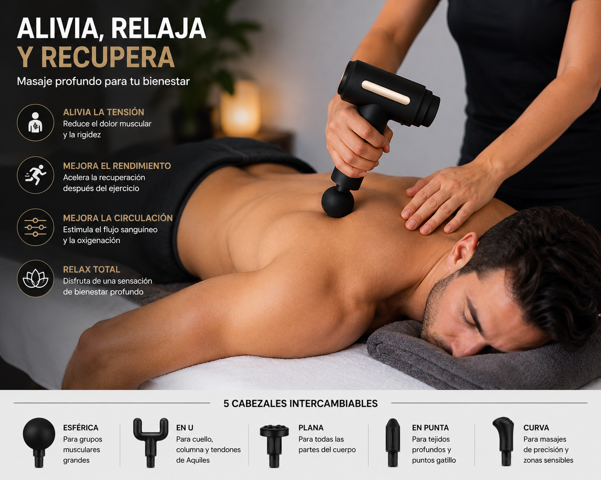 PISTOLA MASAJEADORA DE PERCUSIÓN – 5 PIEZAS